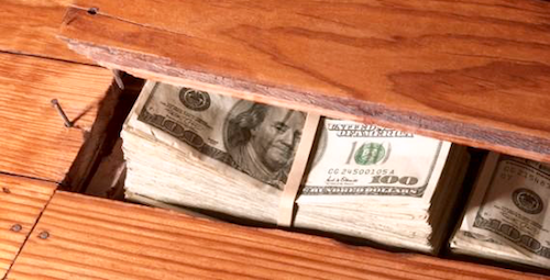 Decorative image of stacks of cash visible after removing a floorboard.